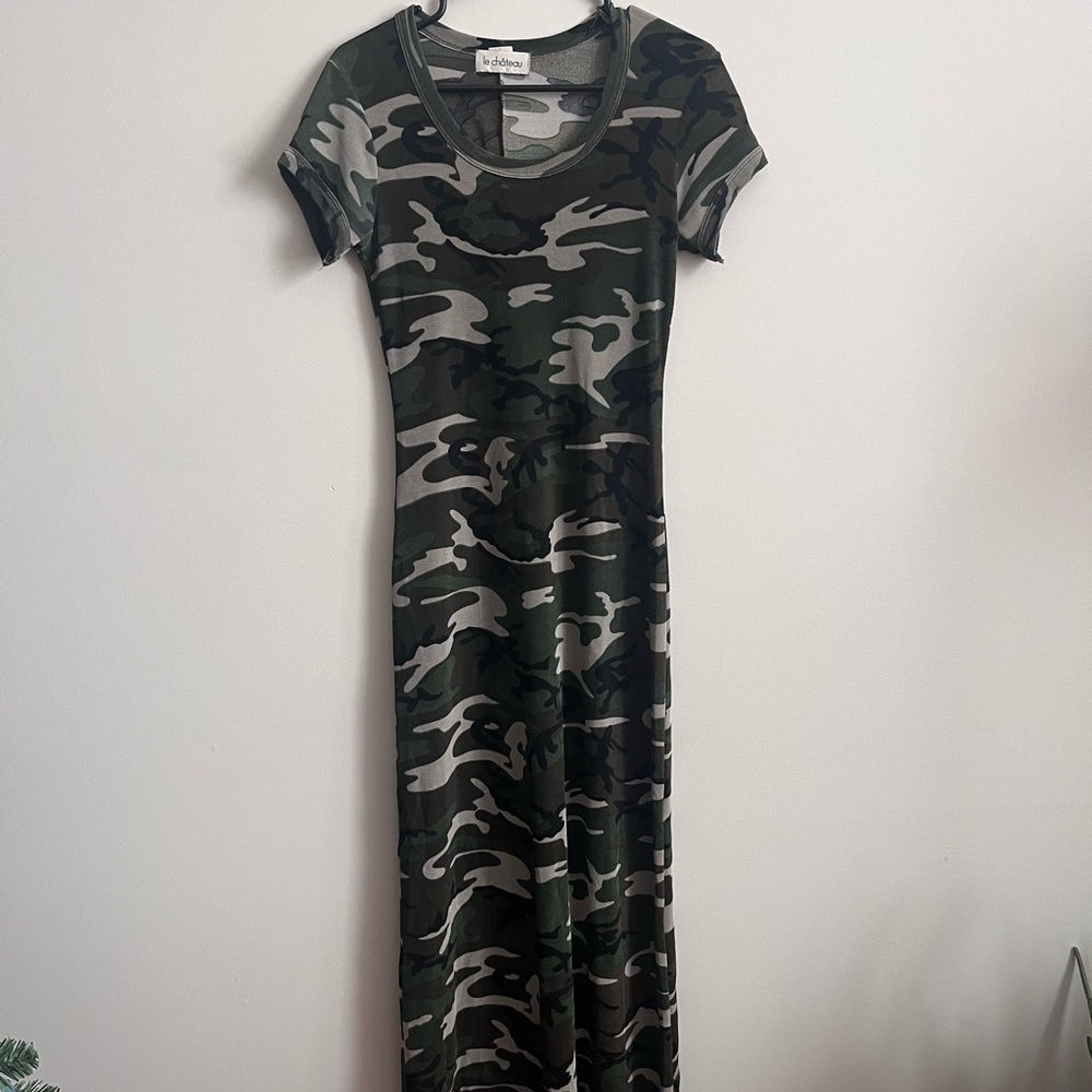 VINTAGE Le Chateau Green Camouflage Maxi Dress